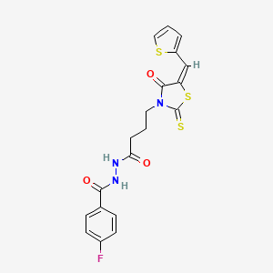 molecular formula C19H16FN3O3S3 B11663804 4-Fluoro-N'-{4-[(5E)-4-oxo-5-(2-thienylmethylene)-2-thioxo-1,3-thiazolidin-3-YL]butanoyl}benzohydrazide 