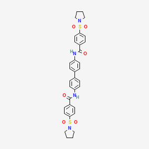 molecular formula C34H34N4O6S2 B11663965 4-(Pyrrolidine-1-sulfonyl)-N-{4'-[4-(pyrrolidine-1-sulfonyl)benzamido]-[1,1'-biphenyl]-4-YL}benzamide 