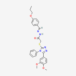 molecular formula C28H29N5O4S B11664295 2-{[5-(3,4-dimethoxyphenyl)-4-phenyl-4H-1,2,4-triazol-3-yl]sulfanyl}-N'-[(E)-(4-propoxyphenyl)methylidene]acetohydrazide 