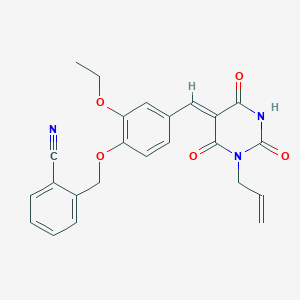 molecular formula C24H21N3O5 B11664510 2-[(2-ethoxy-4-{(Z)-[2,4,6-trioxo-1-(prop-2-en-1-yl)tetrahydropyrimidin-5(2H)-ylidene]methyl}phenoxy)methyl]benzonitrile 