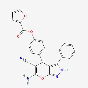 molecular formula C24H16N4O4 B11664533 4-(6-Amino-5-cyano-3-phenyl-1,4-dihydropyrano[2,3-c]pyrazol-4-yl)phenyl furan-2-carboxylate 