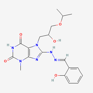 molecular formula C19H24N6O5 B11664568 8-[(2E)-2-(2-hydroxybenzylidene)hydrazinyl]-7-[2-hydroxy-3-(propan-2-yloxy)propyl]-3-methyl-3,7-dihydro-1H-purine-2,6-dione 