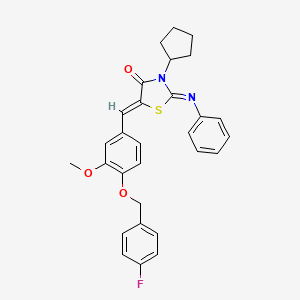 molecular formula C29H27FN2O3S B11664621 (2E,5Z)-3-Cyclopentyl-5-({4-[(4-fluorophenyl)methoxy]-3-methoxyphenyl}methylidene)-2-(phenylimino)-1,3-thiazolidin-4-one 