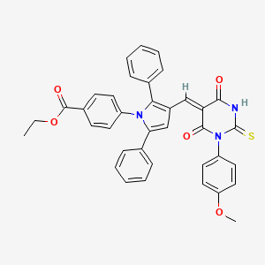 molecular formula C37H29N3O5S B11664868 ethyl 4-(3-{(Z)-[1-(4-methoxyphenyl)-4,6-dioxo-2-thioxotetrahydropyrimidin-5(2H)-ylidene]methyl}-2,5-diphenyl-1H-pyrrol-1-yl)benzoate 