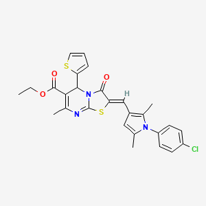 molecular formula C27H24ClN3O3S2 B11664882 Ethyl (2Z)-2-{[1-(4-chlorophenyl)-2,5-dimethyl-1H-pyrrol-3-YL]methylidene}-7-methyl-3-oxo-5-(thiophen-2-YL)-2H,3H,5H-[1,3]thiazolo[3,2-A]pyrimidine-6-carboxylate 