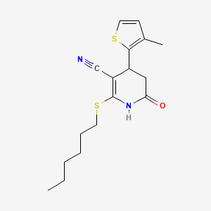 molecular formula C17H22N2OS2 B11665063 2-(Hexylsulfanyl)-4-(3-methylthiophen-2-yl)-6-oxo-1,4,5,6-tetrahydropyridine-3-carbonitrile 