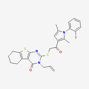 molecular formula C27H26FN3O2S2 B11665231 3-Allyl-2-({2-[1-(2-fluorophenyl)-2,5-dimethyl-1H-pyrrol-3-YL]-2-oxoethyl}sulfanyl)-5,6,7,8-tetrahydro[1]benzothieno[2,3-D]pyrimidin-4(3H)-one 