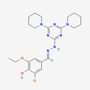 molecular formula C22H30BrN7O2 B11665510 2-bromo-4-[(E)-{2-[4,6-di(piperidin-1-yl)-1,3,5-triazin-2-yl]hydrazinylidene}methyl]-6-ethoxyphenol 