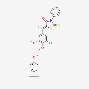 molecular formula C29H28ClNO4S2 B11665687 (5Z)-5-({4-[2-(4-Tert-butylphenoxy)ethoxy]-3-chloro-5-methoxyphenyl}methylidene)-3-phenyl-2-sulfanylidene-1,3-thiazolidin-4-one 