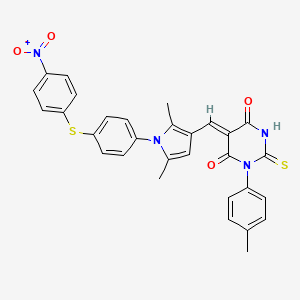 molecular formula C30H24N4O4S2 B11665708 (5Z)-5-[(2,5-dimethyl-1-{4-[(4-nitrophenyl)sulfanyl]phenyl}-1H-pyrrol-3-yl)methylidene]-1-(4-methylphenyl)-2-thioxodihydropyrimidine-4,6(1H,5H)-dione 