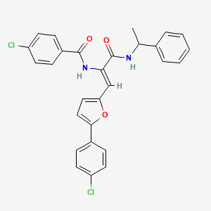 molecular formula C28H22Cl2N2O3 B11665911 4-chloro-N-{(1Z)-1-[5-(4-chlorophenyl)furan-2-yl]-3-oxo-3-[(1-phenylethyl)amino]prop-1-en-2-yl}benzamide 