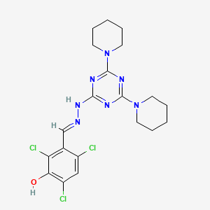 molecular formula C20H24Cl3N7O B11665912 2,4,6-trichloro-3-[(E)-{2-[4,6-di(piperidin-1-yl)-1,3,5-triazin-2-yl]hydrazinylidene}methyl]phenol 