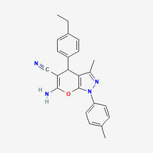 molecular formula C23H22N4O B11666019 6-Amino-4-(4-ethylphenyl)-3-methyl-1-(4-methylphenyl)-1,4-dihydropyrano[2,3-c]pyrazole-5-carbonitrile 