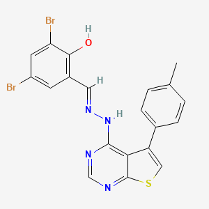 molecular formula C20H14Br2N4OS B11666137 2,4-dibromo-6-[(E)-{2-[5-(4-methylphenyl)thieno[2,3-d]pyrimidin-4-yl]hydrazinylidene}methyl]phenol 