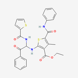 molecular formula C28H25N3O5S2 B11666160 Ethyl 4-methyl-2-({2-oxo-2-phenyl-1-[(thiophen-2-ylcarbonyl)amino]ethyl}amino)-5-(phenylcarbamoyl)thiophene-3-carboxylate 