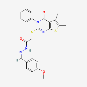 molecular formula C24H22N4O3S2 B11666186 2-[(5,6-dimethyl-4-oxo-3-phenyl-3,4-dihydrothieno[2,3-d]pyrimidin-2-yl)sulfanyl]-N'-[(Z)-(4-methoxyphenyl)methylidene]acetohydrazide 