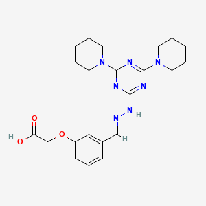 molecular formula C22H29N7O3 B11666247 {3-[(E)-{2-[4,6-di(piperidin-1-yl)-1,3,5-triazin-2-yl]hydrazinylidene}methyl]phenoxy}acetic acid 