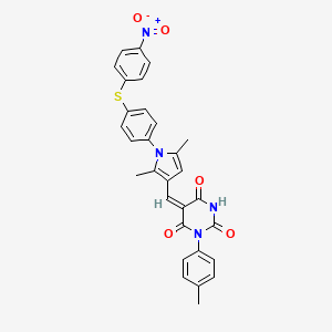 (5E)-5-[(2,5-dimethyl-1-{4-[(4-nitrophenyl)sulfanyl]phenyl}-1H-pyrrol-3-yl)methylidene]-1-(4-methylphenyl)pyrimidine-2,4,6(1H,3H,5H)-trione