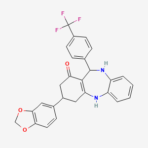 molecular formula C27H21F3N2O3 B11666527 3-(1,3-benzodioxol-5-yl)-11-[4-(trifluoromethyl)phenyl]-2,3,4,5,10,11-hexahydro-1H-dibenzo[b,e][1,4]diazepin-1-one 