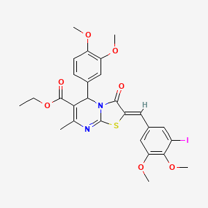 molecular formula C27H27IN2O7S B11666534 ethyl (2Z)-5-(3,4-dimethoxyphenyl)-2-(3-iodo-4,5-dimethoxybenzylidene)-7-methyl-3-oxo-2,3-dihydro-5H-[1,3]thiazolo[3,2-a]pyrimidine-6-carboxylate 