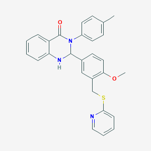 molecular formula C28H25N3O2S B11666697 2-{4-methoxy-3-[(pyridin-2-ylsulfanyl)methyl]phenyl}-3-(4-methylphenyl)-2,3-dihydroquinazolin-4(1H)-one 