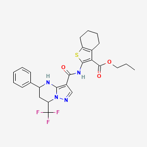 molecular formula C26H27F3N4O3S B11667021 2-[(5-Phenyl-7-trifluoromethyl-4,5,6,7-tetrahydro-pyrazolo[1,5-a]pyrimidine-3-carbonyl)-amino]-4,5,6,7-tetrahydro-benzo[b]thiophene-3-carboxylic acid propyl ester 