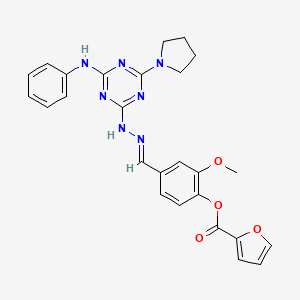 molecular formula C26H25N7O4 B11667242 2-methoxy-4-[(E)-{2-[4-(phenylamino)-6-(pyrrolidin-1-yl)-1,3,5-triazin-2-yl]hydrazinylidene}methyl]phenyl furan-2-carboxylate 