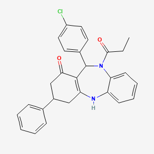 molecular formula C28H25ClN2O2 B11667284 11-(4-chlorophenyl)-3-phenyl-10-propionyl-2,3,4,5,10,11-hexahydro-1H-dibenzo[b,e][1,4]diazepin-1-one 