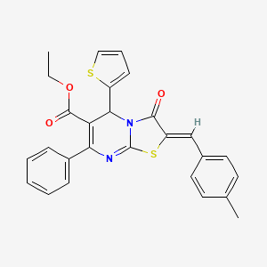 molecular formula C27H22N2O3S2 B11667302 ethyl (2Z)-2-(4-methylbenzylidene)-3-oxo-7-phenyl-5-(thiophen-2-yl)-2,3-dihydro-5H-[1,3]thiazolo[3,2-a]pyrimidine-6-carboxylate 