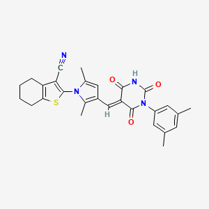 molecular formula C28H26N4O3S B11667327 2-(3-{(E)-[1-(3,5-dimethylphenyl)-2,4,6-trioxotetrahydropyrimidin-5(2H)-ylidene]methyl}-2,5-dimethyl-1H-pyrrol-1-yl)-4,5,6,7-tetrahydro-1-benzothiophene-3-carbonitrile 