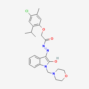 molecular formula C25H29ClN4O4 B11667470 2-[4-chloro-5-methyl-2-(propan-2-yl)phenoxy]-N'-[(3E)-1-(morpholin-4-ylmethyl)-2-oxo-1,2-dihydro-3H-indol-3-ylidene]acetohydrazide 