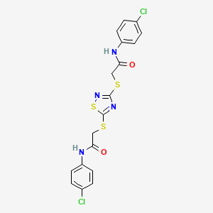 molecular formula C18H14Cl2N4O2S3 B11667662 2-[(3-{[2-(4-Chloroanilino)-2-oxoethyl]sulfanyl}-1,2,4-thiadiazol-5-YL)sulfanyl]-N-(4-chlorophenyl)acetamide CAS No. 313499-39-7