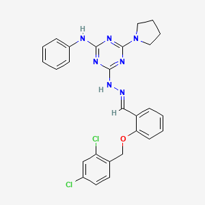 molecular formula C27H25Cl2N7O B11667876 4-[(2E)-2-{2-[(2,4-dichlorobenzyl)oxy]benzylidene}hydrazinyl]-N-phenyl-6-(pyrrolidin-1-yl)-1,3,5-triazin-2-amine 