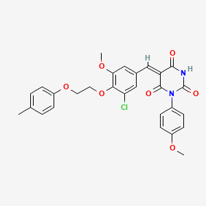 molecular formula C28H25ClN2O7 B11668112 (5Z)-5-{3-chloro-5-methoxy-4-[2-(4-methylphenoxy)ethoxy]benzylidene}-1-(4-methoxyphenyl)pyrimidine-2,4,6(1H,3H,5H)-trione 