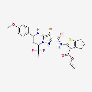 molecular formula C25H24BrF3N4O4S B11668138 ethyl 2-({[3-bromo-5-(4-methoxyphenyl)-7-(trifluoromethyl)-4,5,6,7-tetrahydropyrazolo[1,5-a]pyrimidin-2-yl]carbonyl}amino)-5,6-dihydro-4H-cyclopenta[b]thiophene-3-carboxylate 