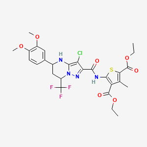 molecular formula C27H28ClF3N4O7S B11668150 Diethyl 5-({[3-chloro-5-(3,4-dimethoxyphenyl)-7-(trifluoromethyl)-4,5,6,7-tetrahydropyrazolo[1,5-a]pyrimidin-2-yl]carbonyl}amino)-3-methylthiophene-2,4-dicarboxylate 