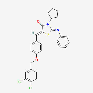 molecular formula C28H24Cl2N2O2S B11668235 (2E,5Z)-3-Cyclopentyl-5-({4-[(3,4-dichlorophenyl)methoxy]phenyl}methylidene)-2-(phenylimino)-1,3-thiazolidin-4-one 