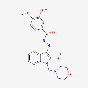 molecular formula C22H24N4O5 B11668349 3,4-dimethoxy-N'-[(3E)-1-(morpholin-4-ylmethyl)-2-oxo-1,2-dihydro-3H-indol-3-ylidene]benzohydrazide CAS No. 152431-29-3