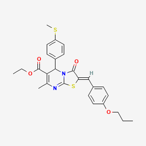 molecular formula C27H28N2O4S2 B11668464 Ethyl (2Z)-7-methyl-5-[4-(methylsulfanyl)phenyl]-3-oxo-2-[(4-propoxyphenyl)methylidene]-2H,3H,5H-[1,3]thiazolo[3,2-A]pyrimidine-6-carboxylate 