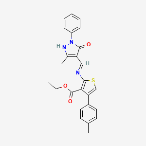 molecular formula C25H23N3O3S B11668501 ethyl 2-{[(E)-(3-methyl-5-oxo-1-phenyl-1,5-dihydro-4H-pyrazol-4-ylidene)methyl]amino}-4-(4-methylphenyl)thiophene-3-carboxylate 