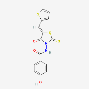 molecular formula C15H10N2O3S3 B11668552 4-hydroxy-N-[(5Z)-4-oxo-5-(thiophen-2-ylmethylidene)-2-thioxo-1,3-thiazolidin-3-yl]benzamide 