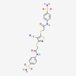 molecular formula C20H18N6O6S5 B11668718 2-{[3-({2-[4-(Aminosulfonyl)anilino]-2-oxoethyl}sulfanyl)-4-cyano-5-isothiazolyl]sulfanyl}-N-[4-(aminosulfonyl)phenyl]acetamide CAS No. 310418-22-5