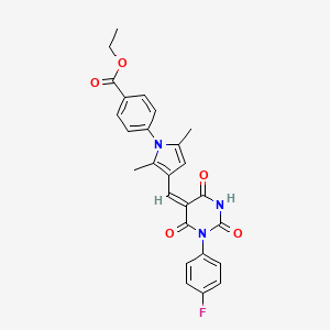 molecular formula C26H22FN3O5 B11668771 ethyl 4-(3-{(E)-[1-(4-fluorophenyl)-4-hydroxy-2,6-dioxo-1,6-dihydropyrimidin-5(2H)-ylidene]methyl}-2,5-dimethyl-1H-pyrrol-1-yl)benzoate 