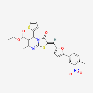 molecular formula C26H21N3O6S2 B11668782 ethyl (2Z)-7-methyl-2-{[5-(4-methyl-3-nitrophenyl)furan-2-yl]methylidene}-3-oxo-5-(thiophen-2-yl)-2,3-dihydro-5H-[1,3]thiazolo[3,2-a]pyrimidine-6-carboxylate 