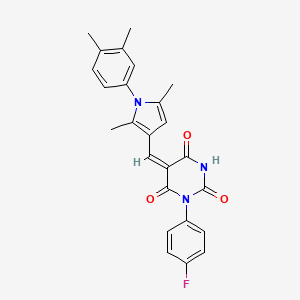 molecular formula C25H22FN3O3 B11668902 (5E)-5-{[1-(3,4-dimethylphenyl)-2,5-dimethyl-1H-pyrrol-3-yl]methylidene}-1-(4-fluorophenyl)pyrimidine-2,4,6(1H,3H,5H)-trione 