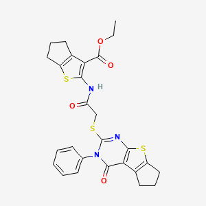 molecular formula C27H25N3O4S3 B11669003 ethyl 2-({[(4-oxo-3-phenyl-3,5,6,7-tetrahydro-4H-cyclopenta[4,5]thieno[2,3-d]pyrimidin-2-yl)thio]acetyl}amino)-5,6-dihydro-4H-cyclopenta[b]thiophene-3-carboxylate 