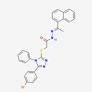 molecular formula C28H22BrN5OS B11669020 2-{[5-(4-Bromophenyl)-4-phenyl-4H-1,2,4-triazol-3-YL]sulfanyl}-N'-[(E)-1-(1-naphthyl)ethylidene]acetohydrazide 