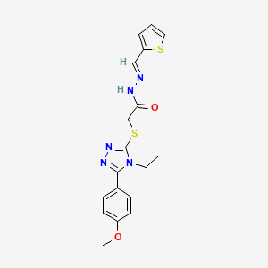 molecular formula C18H19N5O2S2 B11669146 2-{[4-Ethyl-5-(4-methoxyphenyl)-4H-1,2,4-triazol-3-YL]sulfanyl}-N'-[(E)-2-thienylmethylidene]acetohydrazide CAS No. 303102-80-9