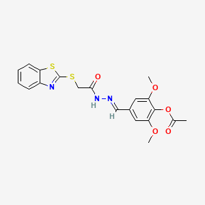 molecular formula C20H19N3O5S2 B11669272 4-[(E)-{2-[(1,3-benzothiazol-2-ylsulfanyl)acetyl]hydrazinylidene}methyl]-2,6-dimethoxyphenyl acetate 