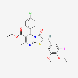 molecular formula C27H24ClIN2O5S B11669318 ethyl (2Z)-5-(4-chlorophenyl)-2-[3-iodo-5-methoxy-4-(prop-2-en-1-yloxy)benzylidene]-7-methyl-3-oxo-2,3-dihydro-5H-[1,3]thiazolo[3,2-a]pyrimidine-6-carboxylate 